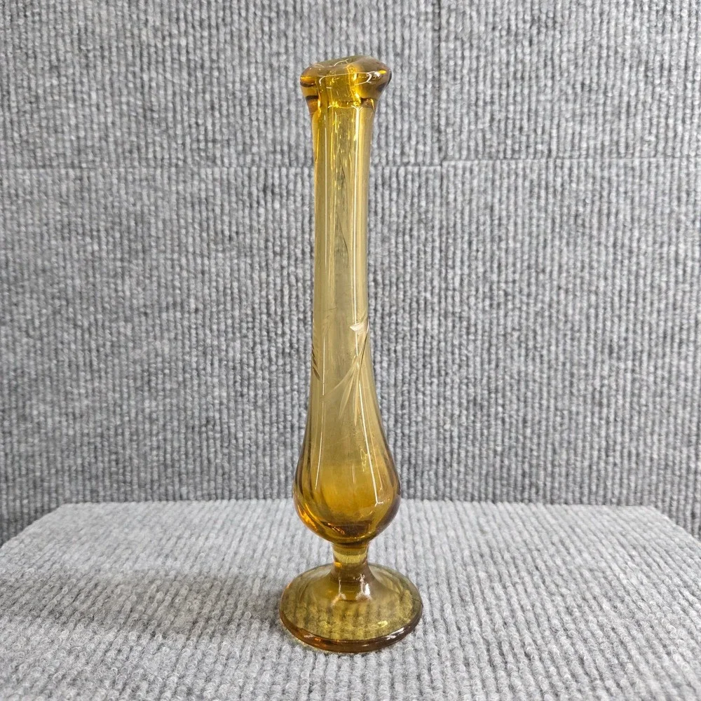 Amber Etched Floral Glass‎ Bud Vase 7.25